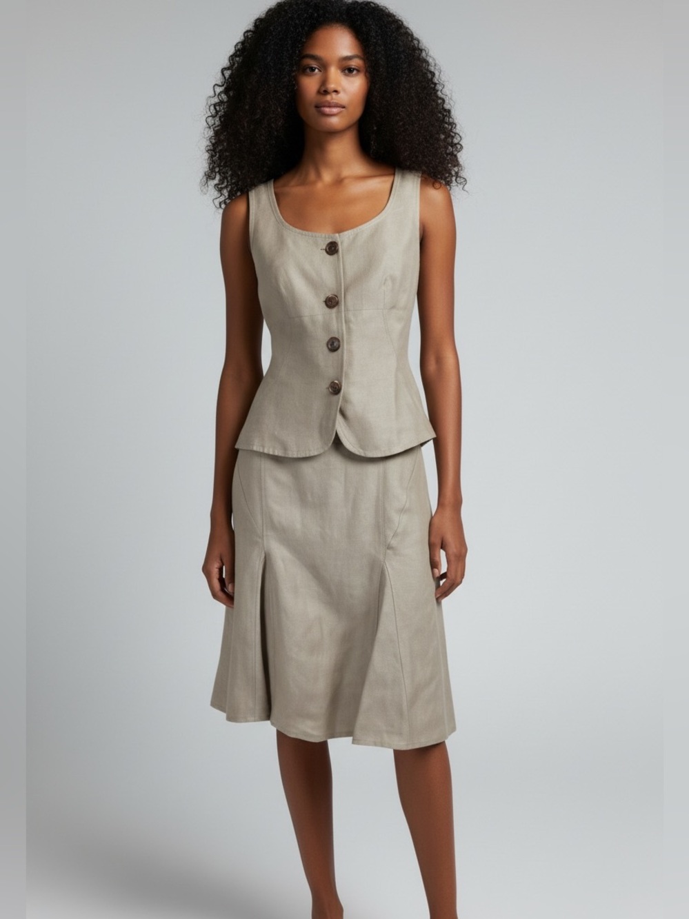 Carolina Herrera tan linen midi skirt vest set 6/8